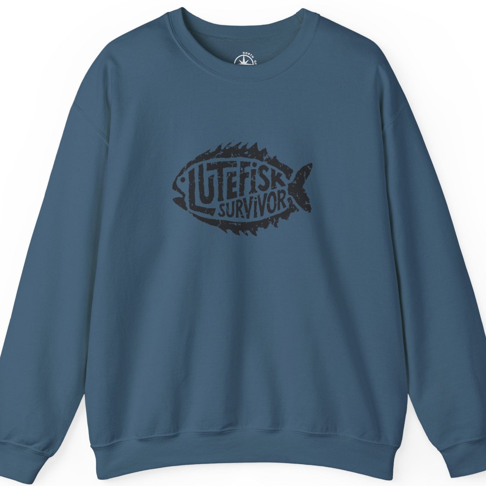 Blue sweatshirt with 'Lutefisk Survivor' graphic 