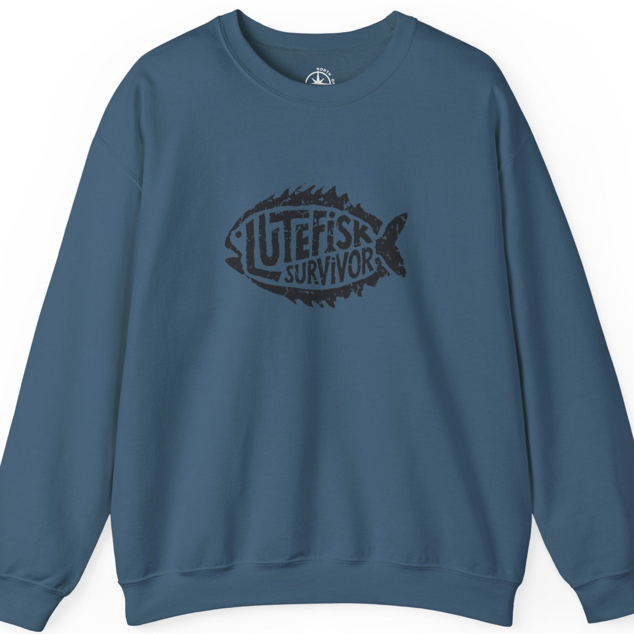 Blue sweatshirt with 'Lutefisk Survivor' graphic 