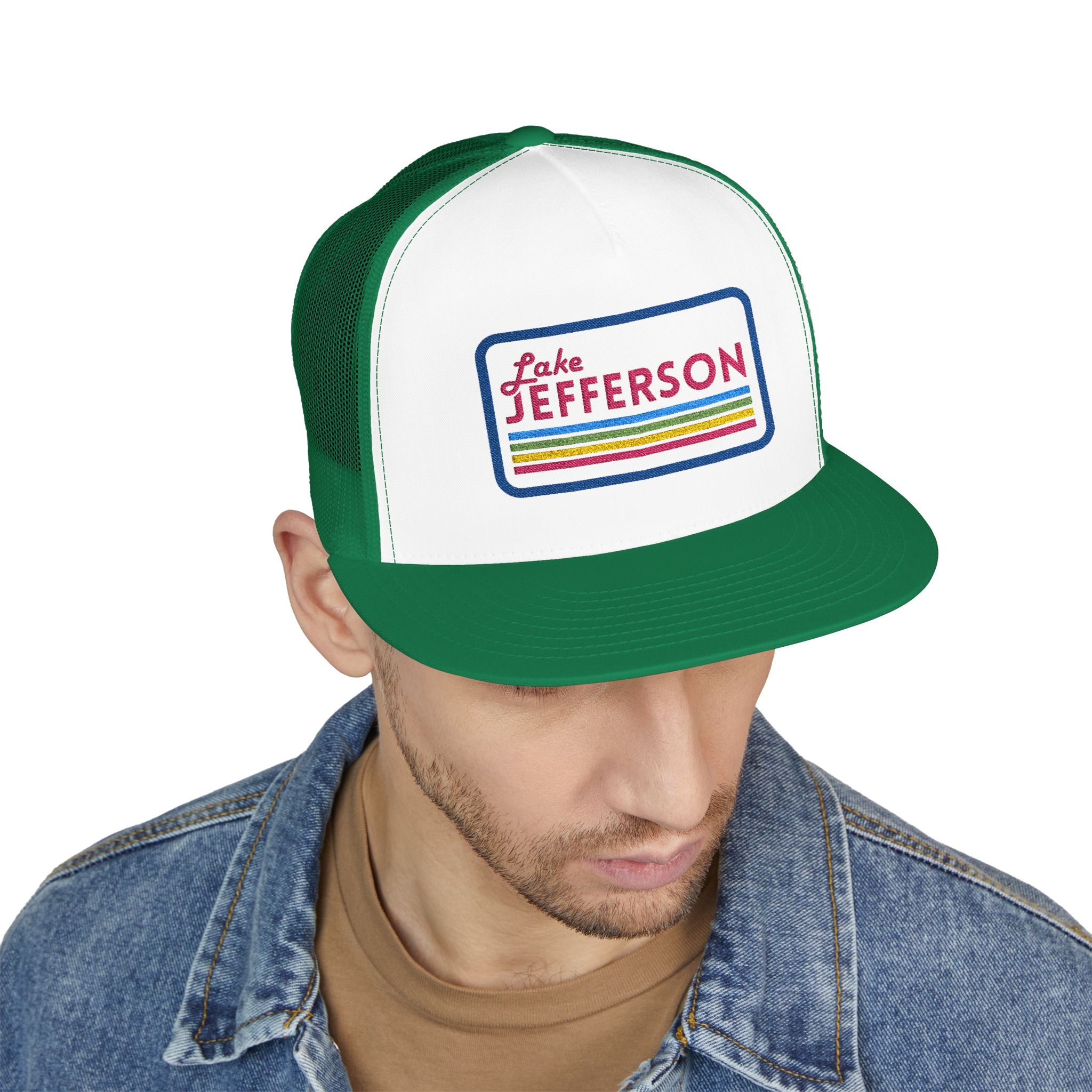Lake Jefferson Vintage 5 Panel Trucker Cap (pink font)