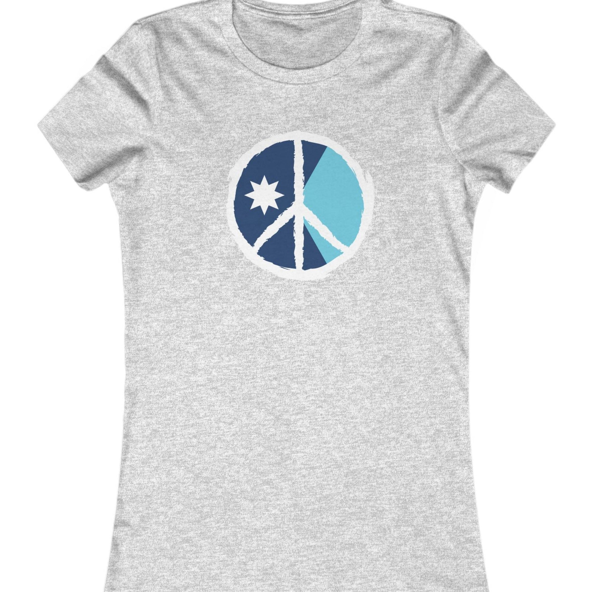 Gray t-shirt with a blue and white peace symbol design