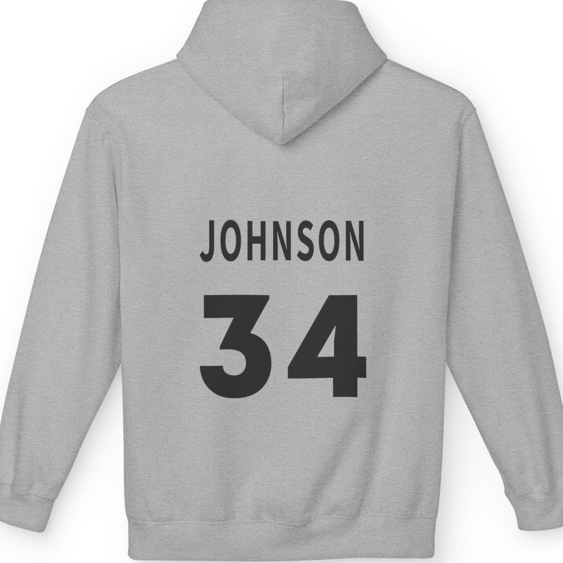 Gray hoodie with 'JOHNSON 34' printed on the back against a white background