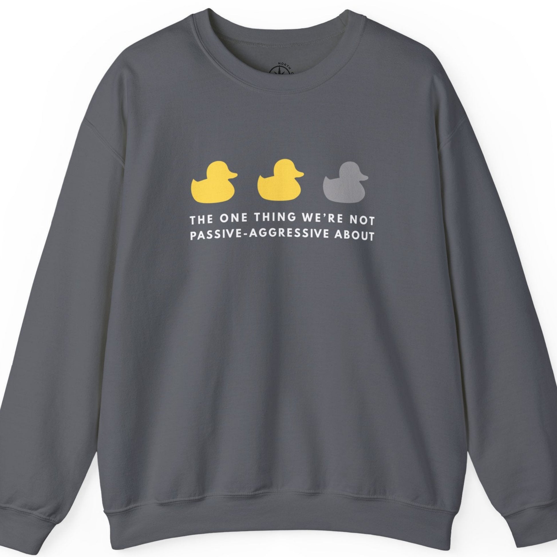 Gray sweatshirt with yellow and gray duck illustrations and text