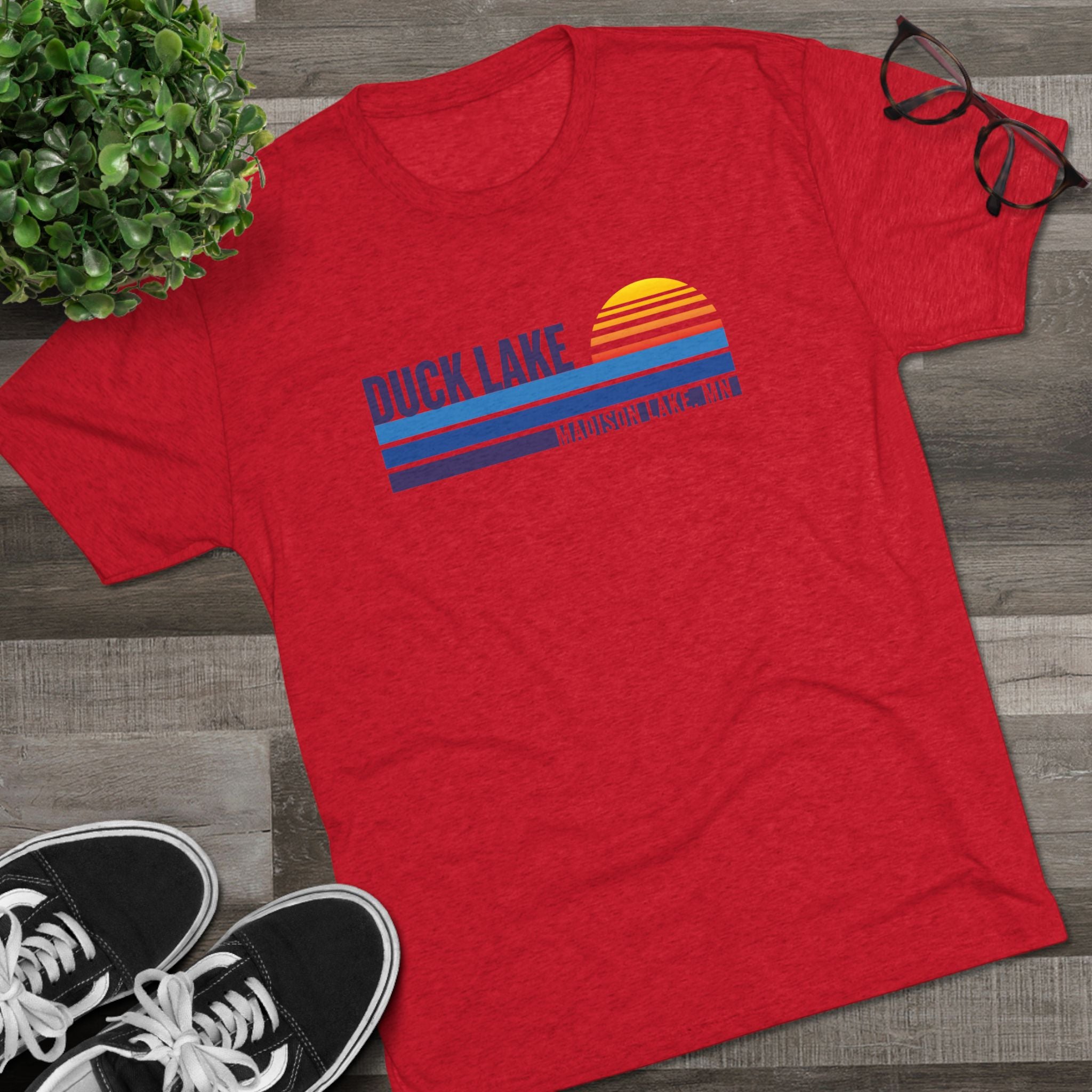 Duck Lake Sunset T-Shirt — Retro Striped Lakeside Graphic Tee