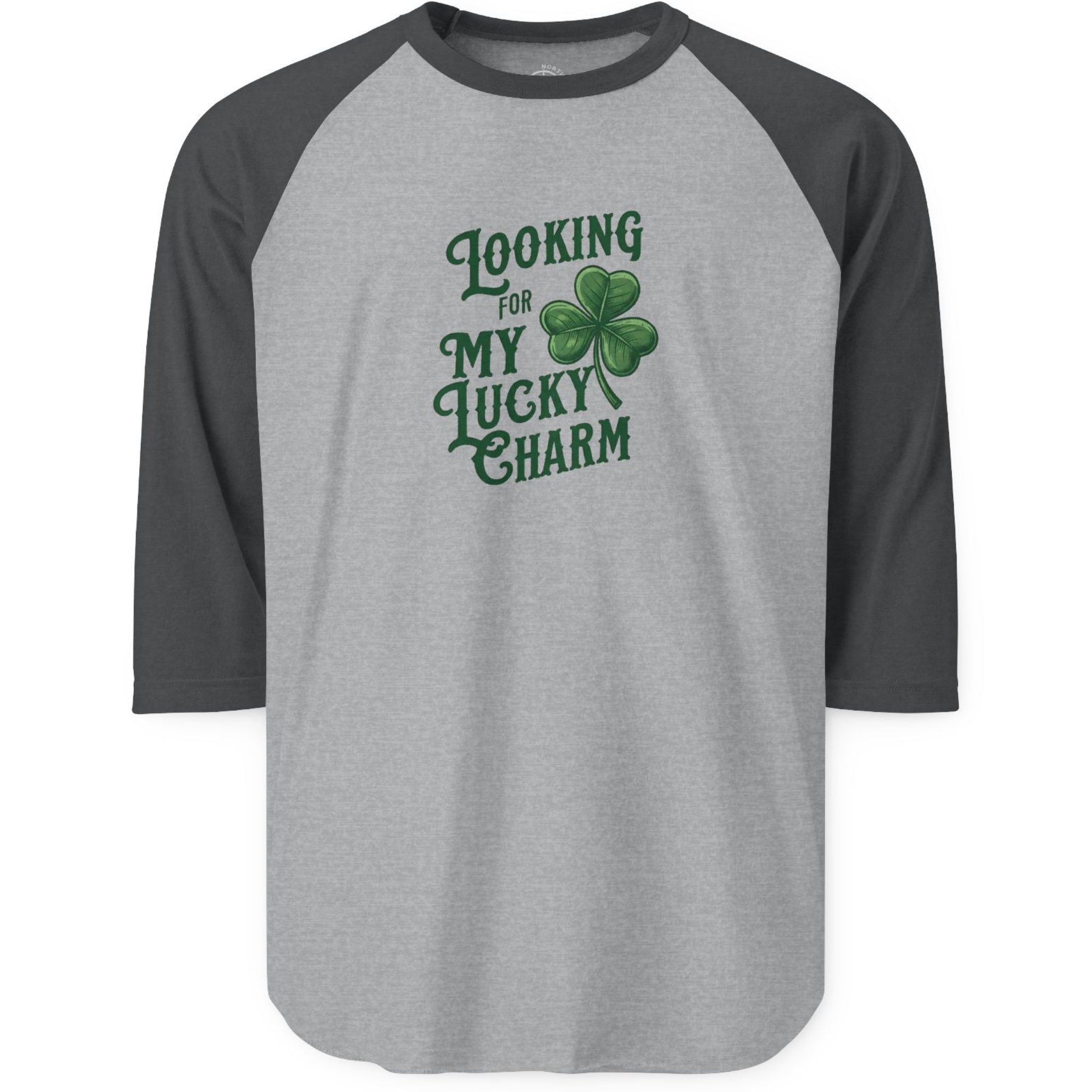 Gray and black baseball shirt with 'Looking for My Lucky Charm' text and shamrock design 