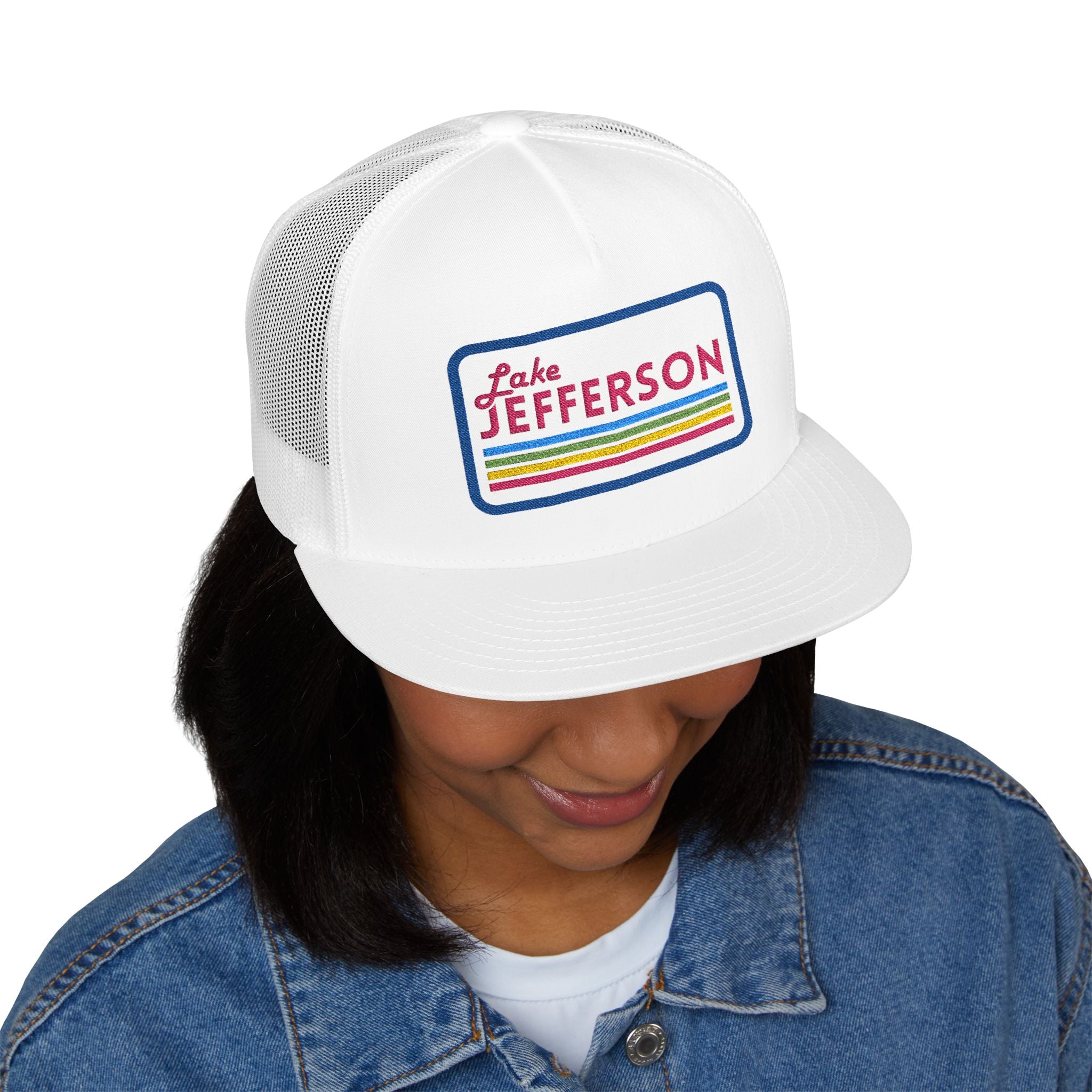 Lake Jefferson Vintage 5 Panel Trucker Cap (pink font)