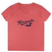 A coral pink V-neck t-shirt featuring a dark navy blue graphic on the chest with the word 'Minnesota' in script and a loon illustration, displayed flat against a white background.