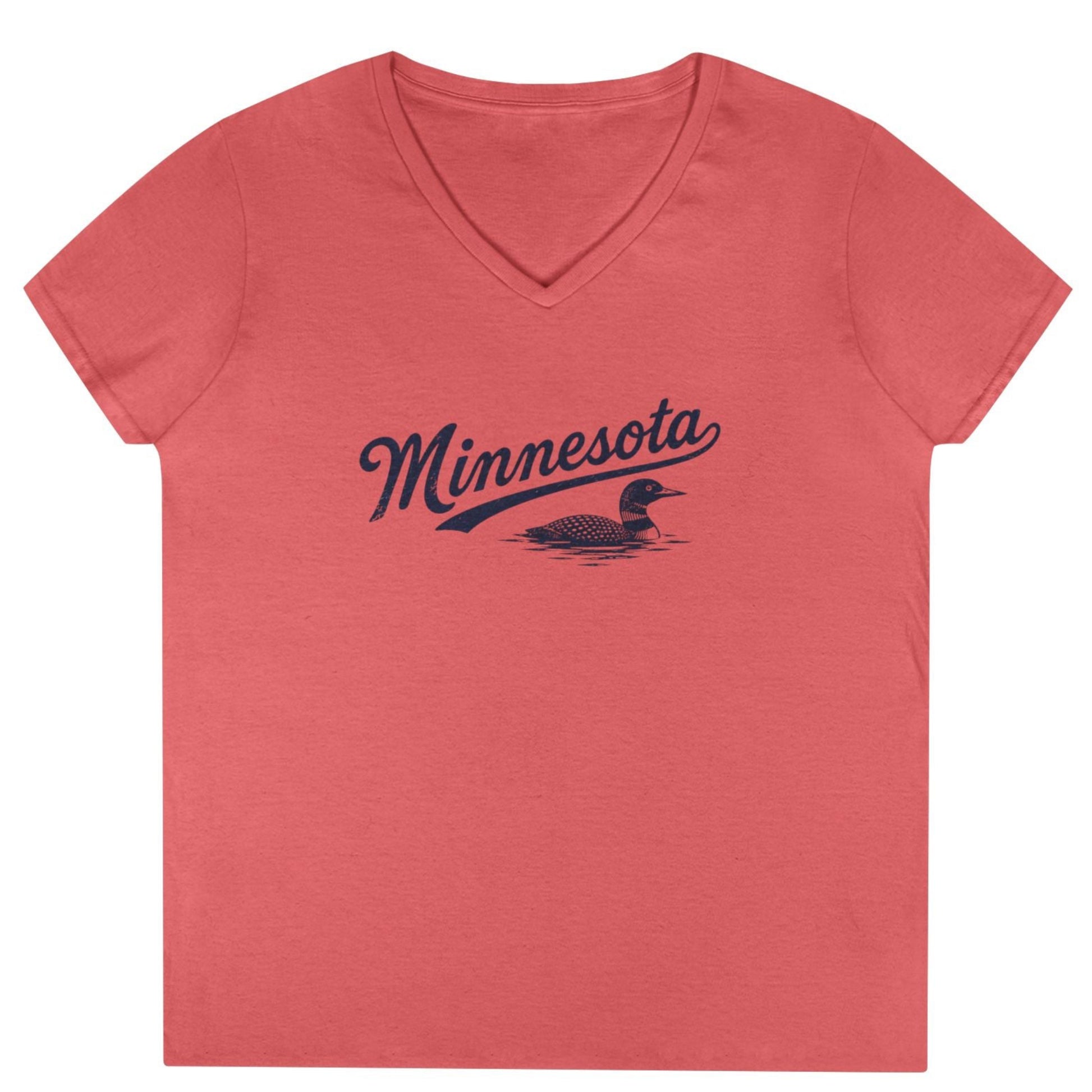 A coral pink V-neck t-shirt featuring a dark navy blue graphic on the chest with the word 'Minnesota' in script and a loon illustration, displayed flat against a white background.
